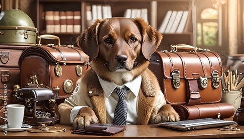 A dog is sitting at a desk with a briefcase and a tie on