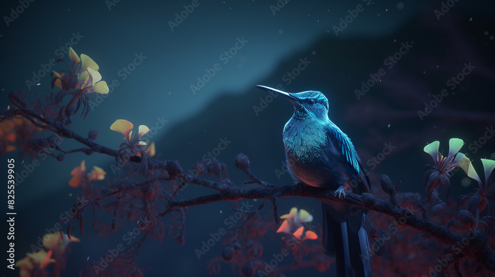 Fototapeta premium A blue hummingbird perched on a tree branch, that has flowers instead of feathers, the bird's body seamlessly transitioning from metallic blue to a bouquet of flowers, petals replacing feathers, the b