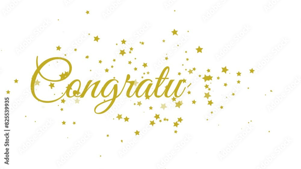 Congratulations text handwriting animation with golden stars particles confetti sparkles golden text on a white background. Suitable for celebrations, events and your other projects, calligraphy style