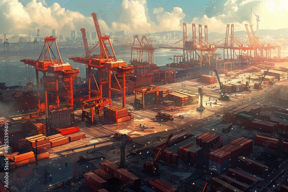 A large industrial shipyard with cranes and shipping containers