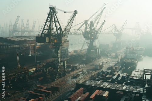 A large industrial shipyard with cranes and shipping containers