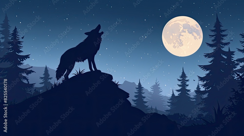 Wolf at top of hill Vector Illustrations, Wolf background illustration of night view in forest and hill Wolf at top of hill Vector Illustrations, Wolf background illustration of night view in forest and hill