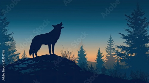 Wolf at top of hill Vector Illustrations, Wolf background illustration of night view in forest and hill