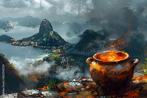 Brazilian Feijoada Simmering in a Clay Pot with View of Sugarloaf Mountain in Rio de Janeiro