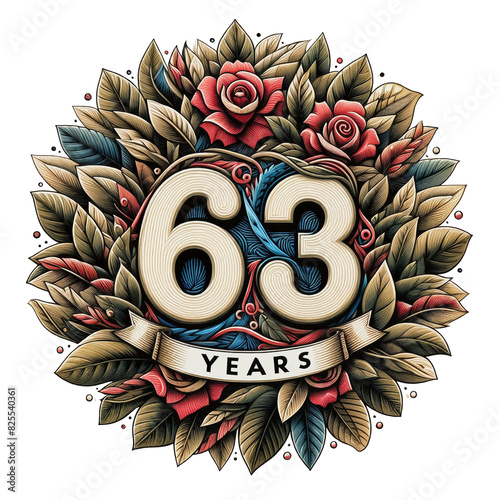 Celebratory 63 (sixtythree) Years Anniversary Emblem with Red Roses and Green Foliage Isolated (cut) background photo