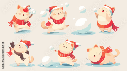 Cute little cat character playing throwing snowball
