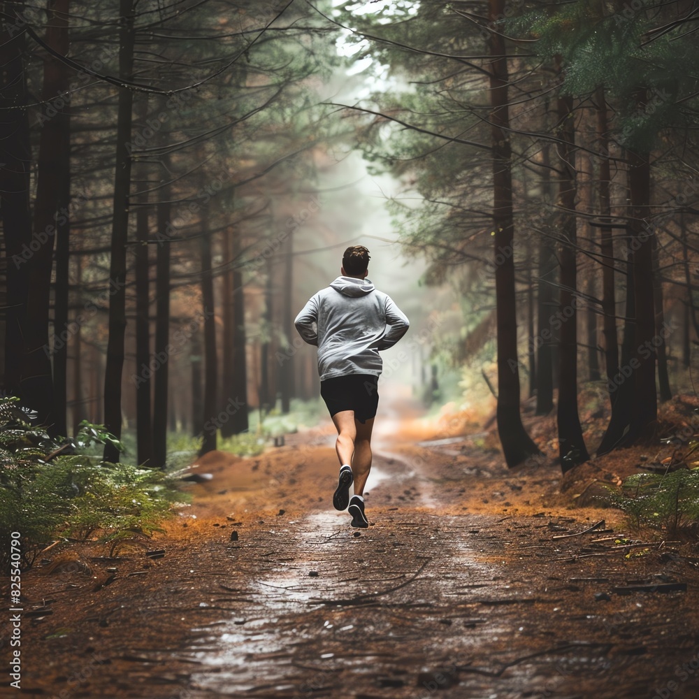 Woman running on a forest trail, enjoying the outdoors and nature. Woman running on a forest trail, enjoying the outdoors and nature.