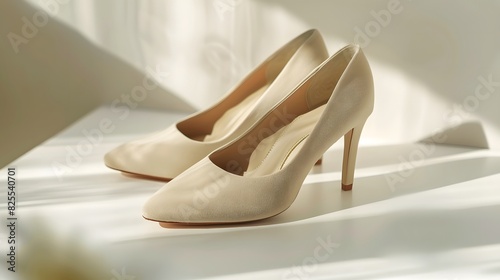 Beige Women's Suede Shoes heels on white color background. 