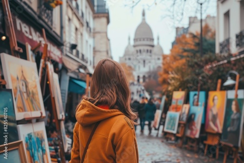 Young woman walking along the street with colorful canvas with painting and Montmartre. Attractive female tourist visit tourist attraction while looking and enjoy watching impressive scene. AIG42. photo