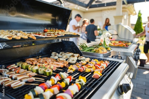 Group of friends enjoying a backyard barbecue party with assorted grilled foods - Social Gathering, Summer Entertainment, Outdoor Cooking photo