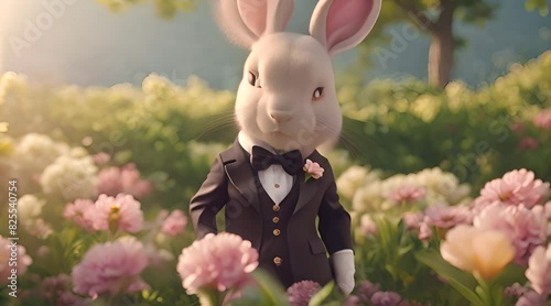 Bunny Wearing Tuxedo  in Spring. Romatic moment concept photo