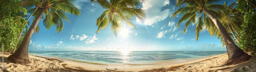 panorama of sunlight under palm trees on the beach in summer