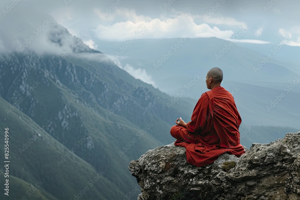 A Tibetan monk meditating on the cliff of a mountain