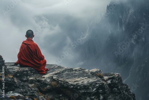 A Tibetan monk meditating on the cliff of a mountain photo