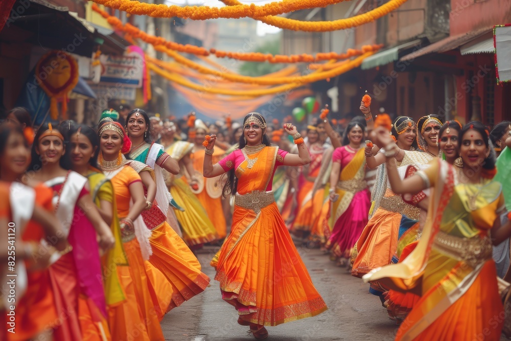 A vibrant picture of Gudi Padwa festivities showcasing people in traditional Maharashtrian dress celebrating the festival A vibrant picture of Gudi Padwa festivities showcasing people in traditional Maharashtrian dress celebrating the festival