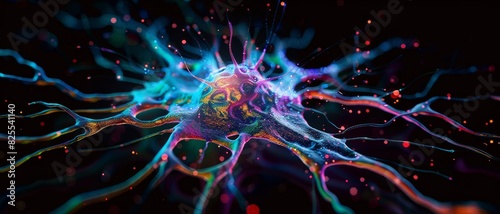 Medically accurate illustration of a nerve cell. Image of Neuron cell network on a black background photo