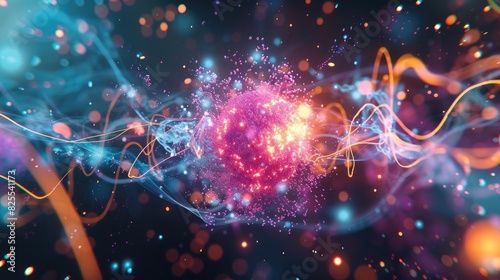 an atom releasing waves particle, Beautiful atomic background with electrons photo