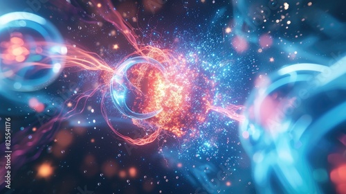 an atom releasing waves particle, Beautiful atomic background with electrons photo