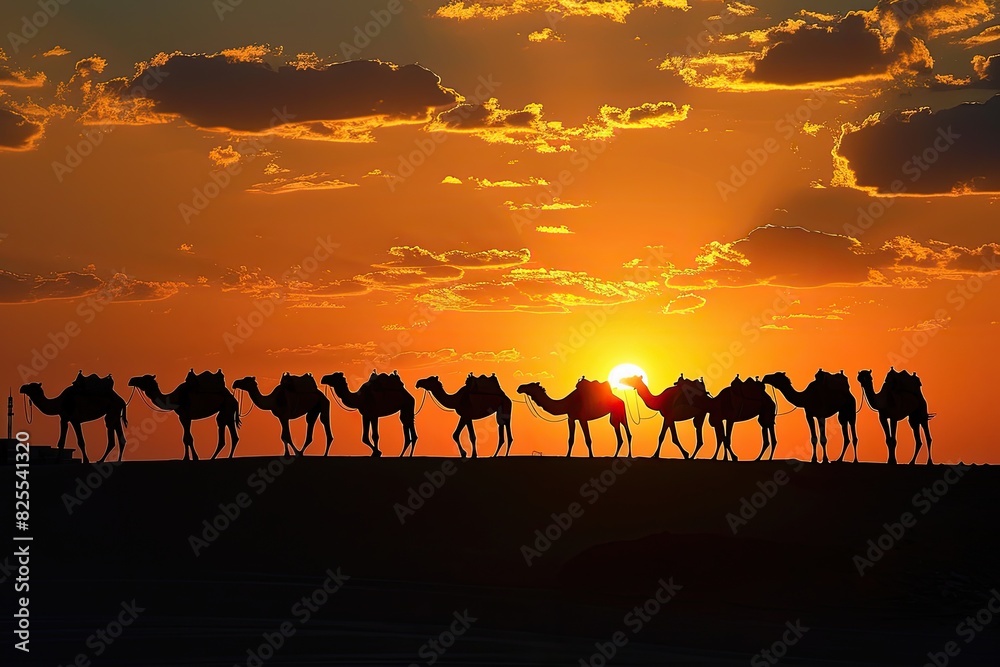 Camels silhouetted against a Dubai sunset with palm tree and camel walking on desert Camels silhouetted against a Dubai sunset with palm tree and camel walking on desert