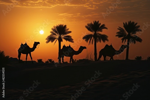 Camels silhouetted against a Dubai sunset with palm tree and camel walking on desert