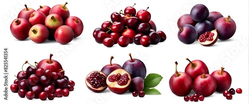 Colorful set of red purple maroon fruits in a pile with apple  cherry  cranberry  fig  plum  pomegranate on white background cutout  ideal mockup template for artwork and design projects