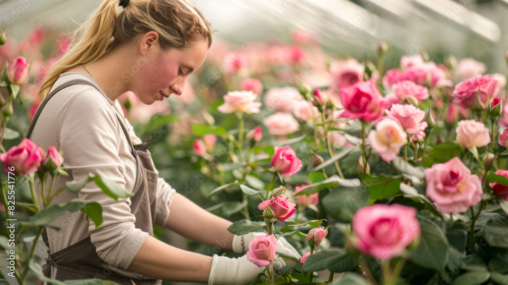 Caucasian woman gardener tending to roses in a greenhouse. Flower cultivation, plant care, greenhouse horticulture, gardening