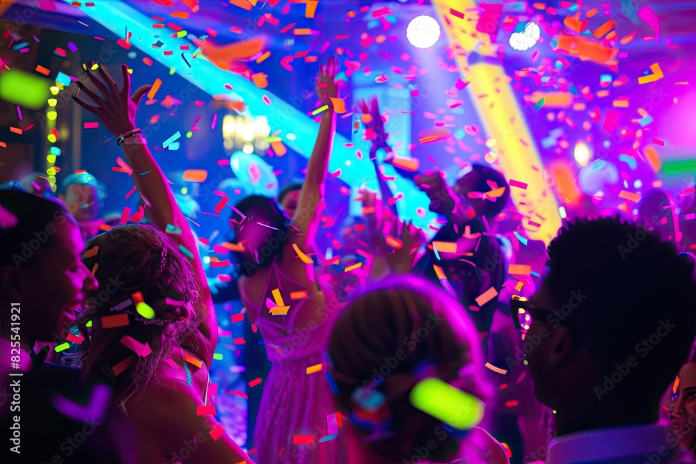 Design a vibrant confetti-filled celebration with bright neon lights Design a vibrant confetti-filled celebration with bright neon lights