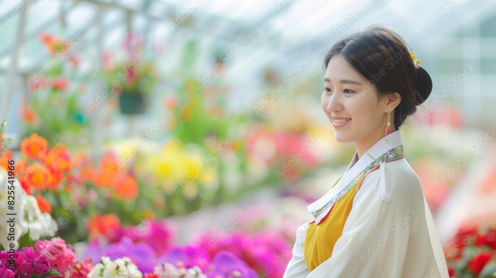 Asian woman in traditional red dress amidst blooming flowers in a greenhouse. Concept of culture, tradition, beauty, nature, gardening Asian woman in traditional red dress amidst blooming flowers in a greenhouse. Concept of culture, tradition, beauty, nature, gardening