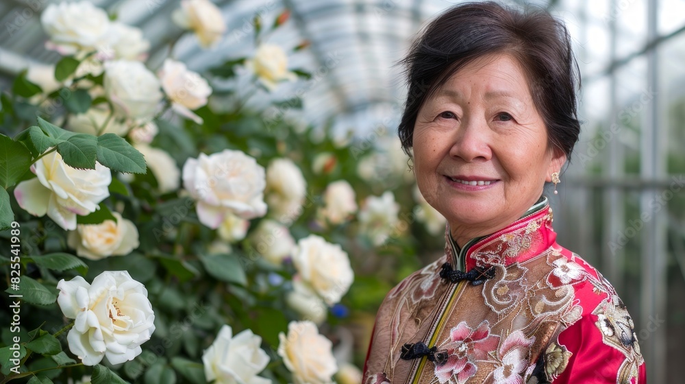Asian elderly woman in traditional dress with white roses in a greenhouse garden. Concept of aging, floral beauty, traditional attire, happiness, gardening Asian elderly woman in traditional dress with white roses in a greenhouse garden. Concept of aging, floral beauty, traditional attire, happiness, gardening