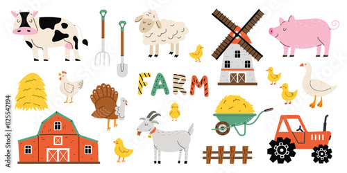 Wallpaper Mural Set of cute farm animals and birds in a flat style. Cow, goat, lamb, goose, chicken, pig, tractor, hay and mill in hand drawn style. Objects for a poster, banner or postcard. White isolated background Torontodigital.ca