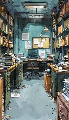 A depiction of a small accounting departments office, each overflowing with documents. photo