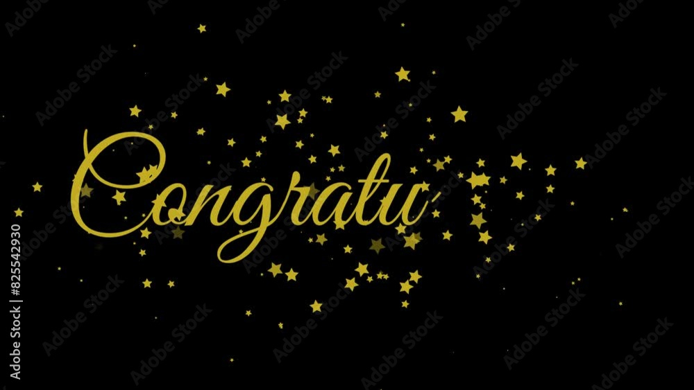 Congratulations text handwriting animation with red stars particles confetti sparkles golden text on a black background. Suitable for celebrations, events and your other projects, calligraphy style. Congratulations text handwriting animation with red stars particles confetti sparkles golden text on a black background. Suitable for celebrations, events and your other projects, calligraphy style.