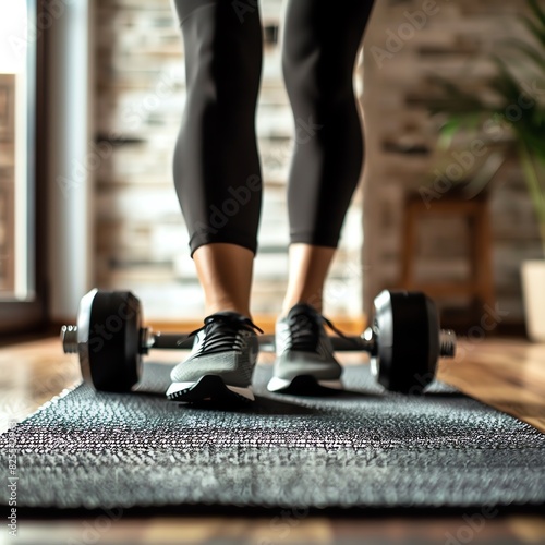 Closeup of woman's feet stepping over dumbbell on yoga mat. © Charoen