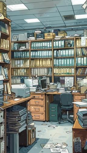 A meticulous illustration of an accounting office, showing 56 desks loaded with papers and documents, in a quiet and unpopulated setting photo