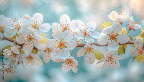 A closeup view of a cherry blossom tree branch with white flowers blooming beautifully