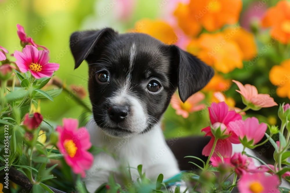 A charming puppy surrounded by flowers