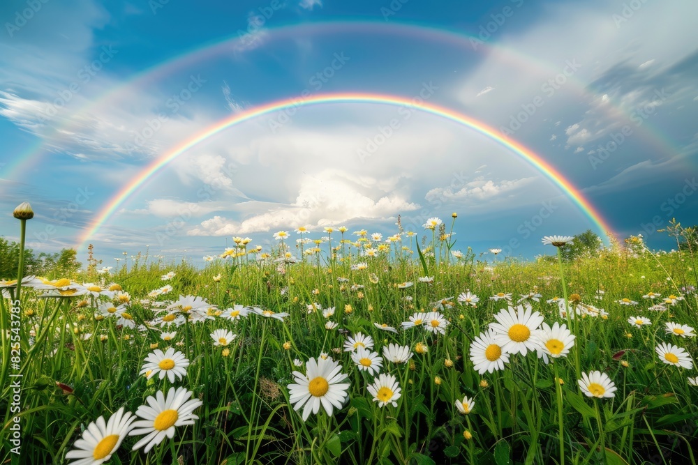 Naklejka premium A cheerful rainbow arching over a field of blooming daisies