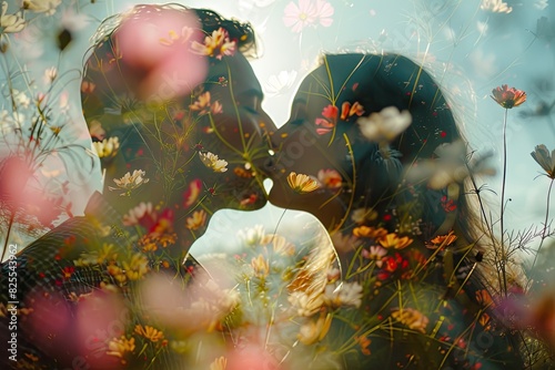 A couple kissing, their faces superimposed on a field of flowers, representing the beauty and fragility of their love photo