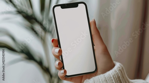 Mockup image of a people's hands holding a smartphone with a blank white screen. Mockup image of a hand holding a smartphone with a white screen.