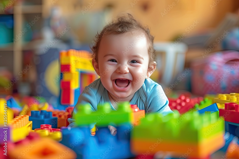 A giggling baby playing with colorful building blocks A giggling baby playing with colorful building blocks