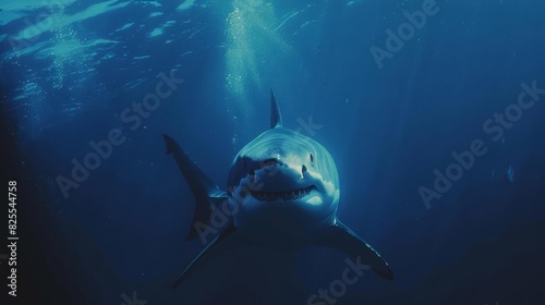 colossal great white shark gliding through azure ocean depths underwater wildlife shot © furyon