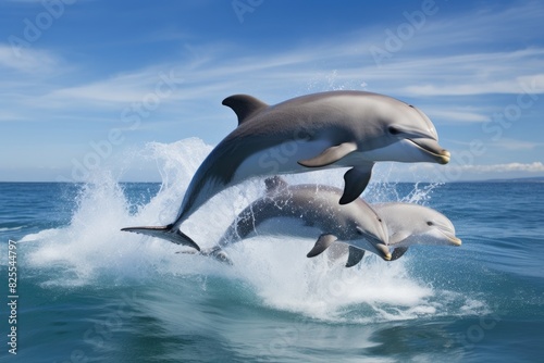 A group of energetic and playful dolphins on sea at sunset © SaroStock