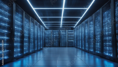 Futuristic Data Center with Rows of Servers and Blue LED Lights