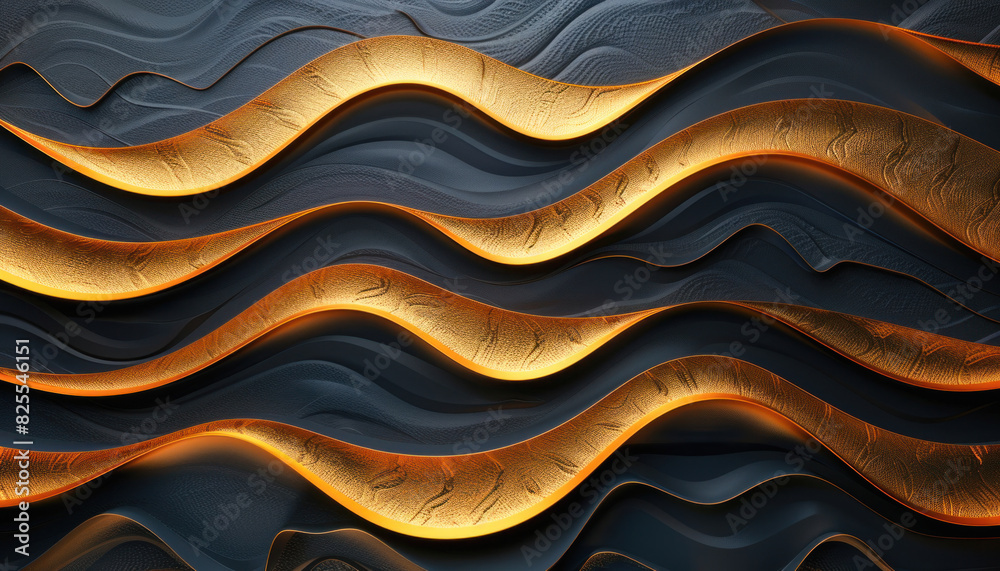 The image showcases a sophisticated design of golden waves set against a striking black background