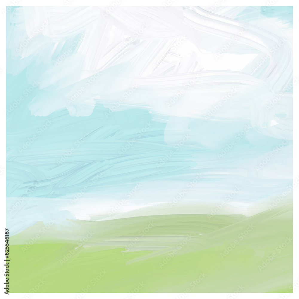 Obraz premium Whimsical Thick Paint Impressionistic Digital Painting of a Meadow or Grassy Hill or Knoll - Art, Artwork, Digital Painting, Illustration, Design, Landscape or Cloudscape