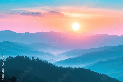 A serene sunrise over a tranquil mountain range