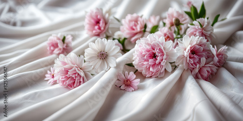 A close-up of pink and white flowers scattered across a white fabric, creating a soft and delicate scene.
