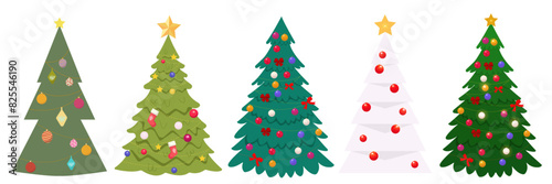 Festive Christmas trees. Colorful winter trees collection for holiday xmas and new year. Transparent background vecor illustration
