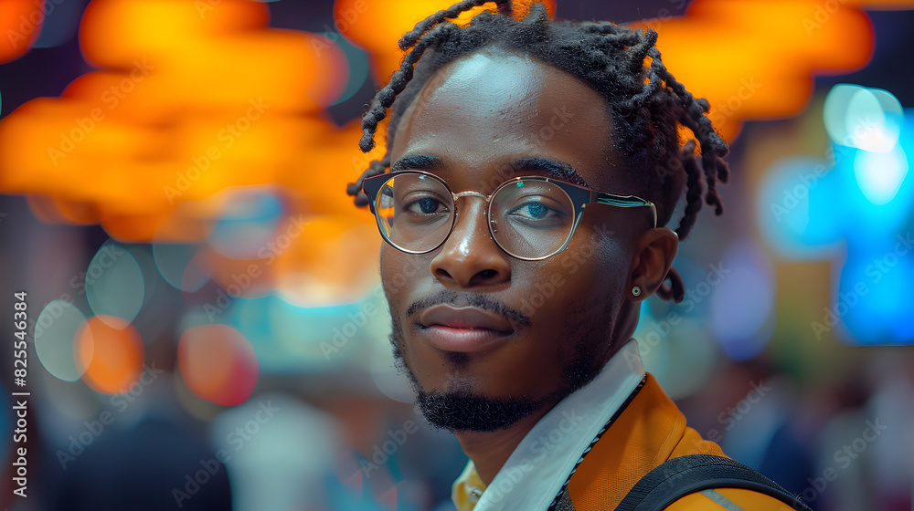 Close-up portrait of a young black man looking directly at the camera with a serious expression, shot in a city setting with bright lights in the background Close-up portrait of a young black man looking directly at the camera with a serious expression, shot in a city setting with bright lights in the background