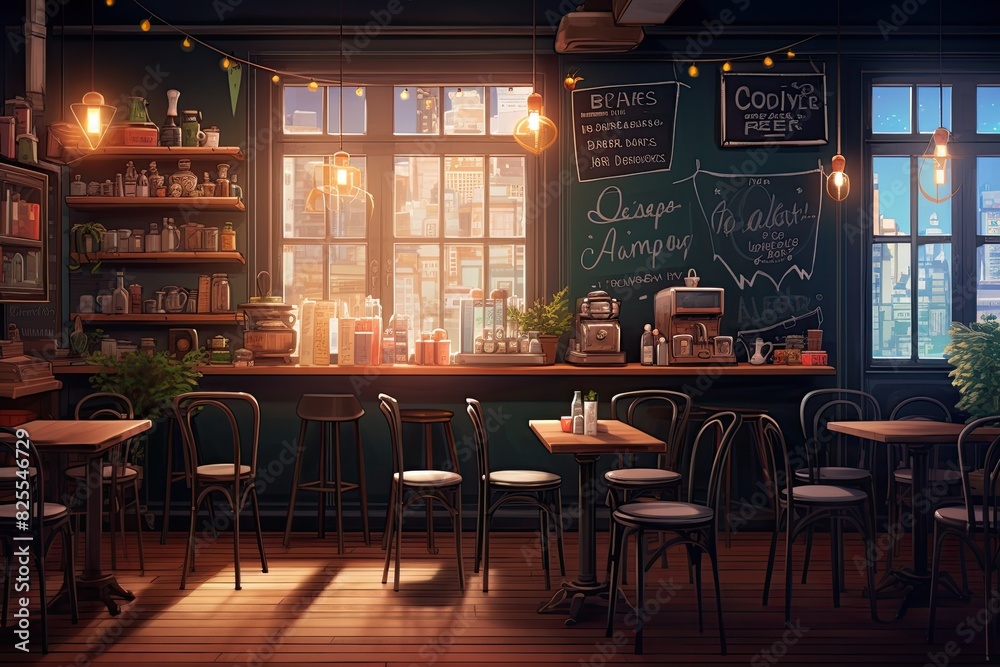 Cozy coffee shop, chalkboard menu, clinking cups